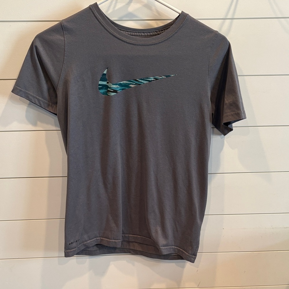 Nike Gray Tee with Blue Patterned Logo